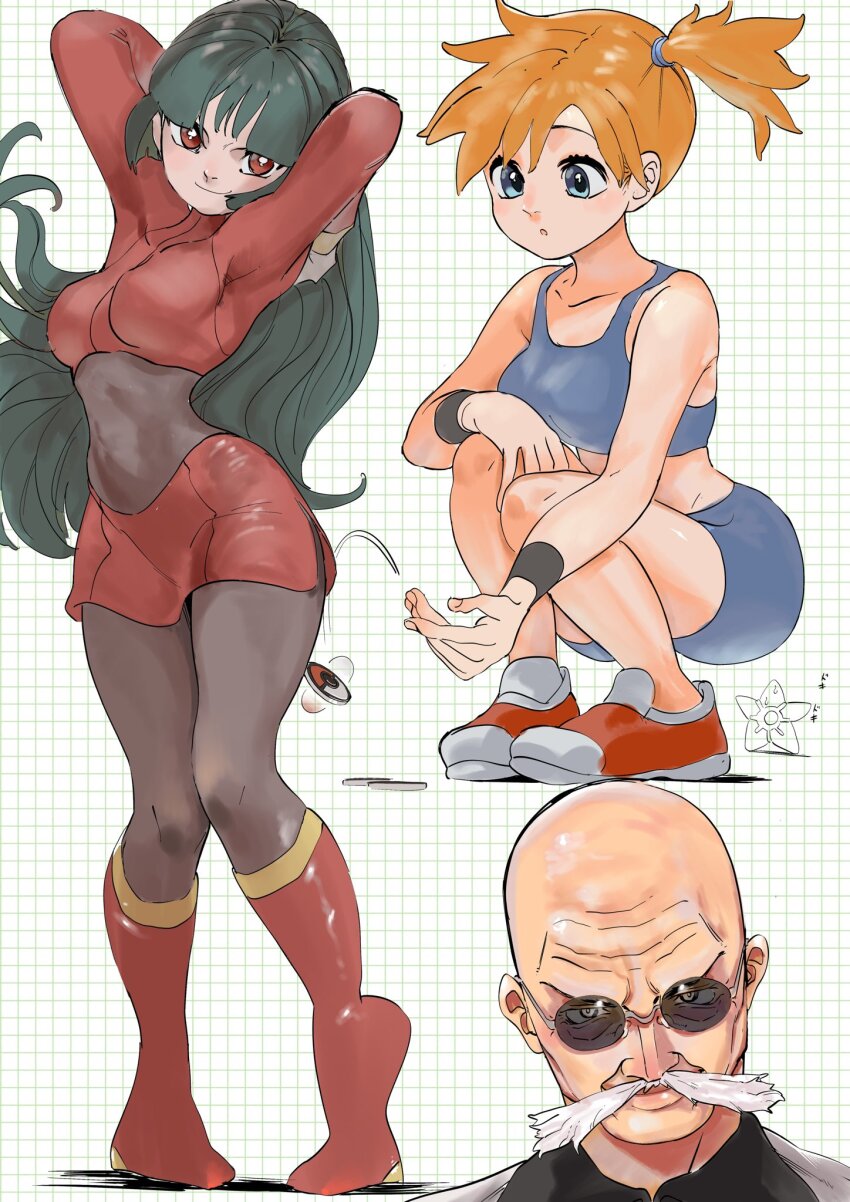 1boy 2girls armpits arms_behind_head asymmetrical_hair bald black_hair blaine_(pokemon) blue_eyes bodysuit boots breasts closed_mouth crop_top eyelashes facial_hair green_hair gym_leader hair_tie highres knees large_breasts legs long_hair looking_at_viewer midriff misty_(pokemon) multiple_girls mustache navel nintendo old old_man orange_hair pantyhose poke_ball poke_ball_(basic) pokemon pokemon_frlg pokemon_tcg pokemon_tcg_pocket ponytail red_eyes red_footwear red_skirt sabrina_(pokemon) shirt shoes short_hair shorts side_ponytail skirt sleeveless smile squatting sukoyaka_tsukasa sunglasses thighs