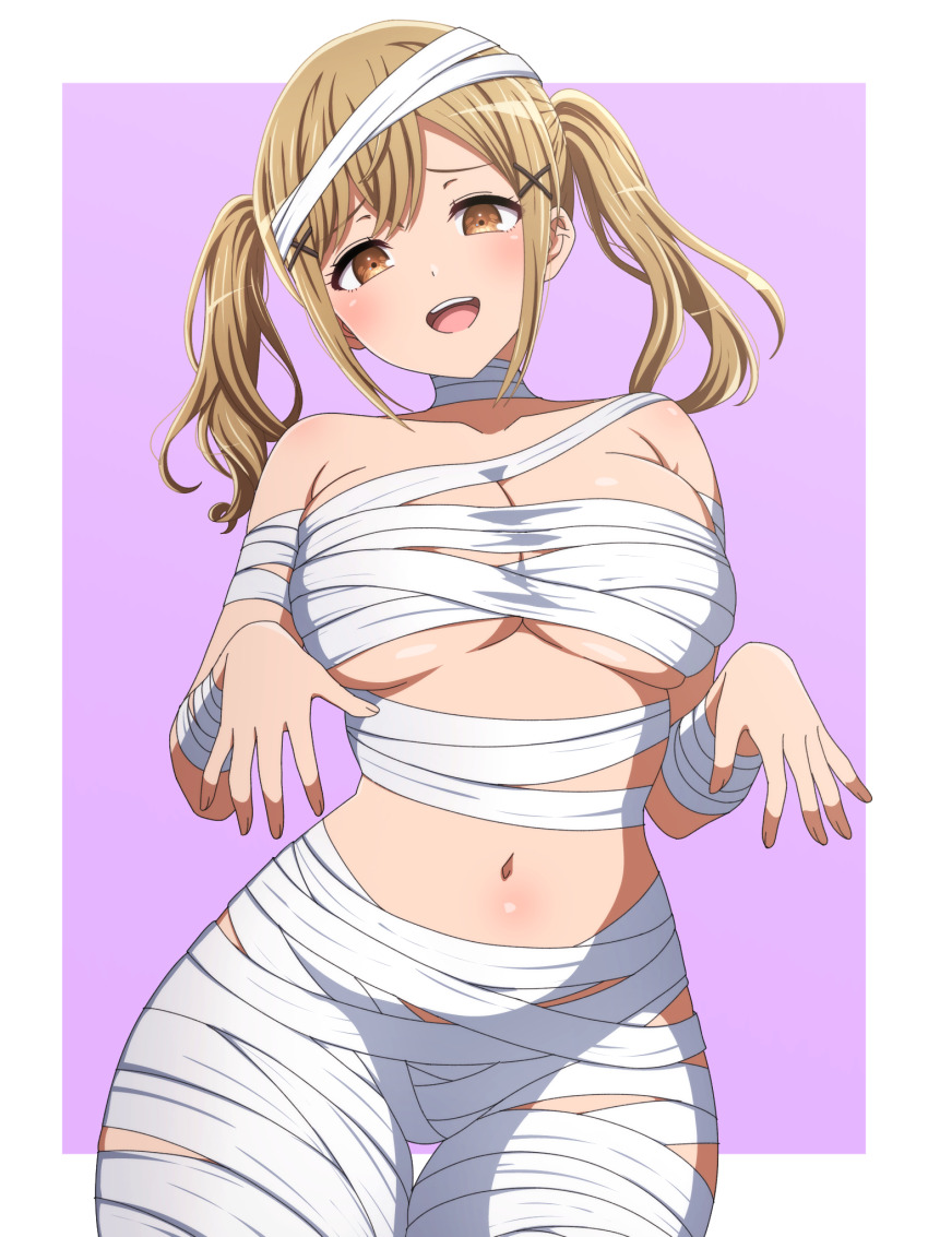 1girl :d bandaged_arm bandaged_head bandages bang_dream! bare_shoulders blonde_hair blush border breasts collarbone cowboy_shot hair_ornament halloween halloween_costume hands_up highres ichigaya_arisa large_breasts long_hair looking_at_viewer mummy mummy_costume naked_bandage navel no_bra no_panties noshimurin open_mouth purple_background sidelocks simple_background smile solo standing teeth thigh_gap twintails two-tone_background underboob upper_teeth_only white_border x_hair_ornament yellow_eyes