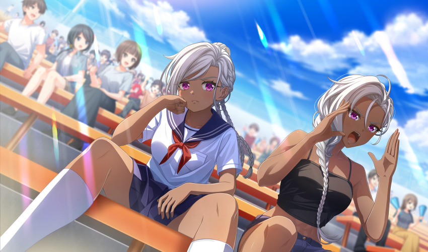 black_tank_top blue_sailor_collar blue_shorts blue_sky blurry braid cinderella_series closed_mouth cloud collarbone day depth_of_field dutch_angle game_cg hachigatsu_no_cinderella_nine hand_on_own_face highres kneehighs light_rays miniskirt mori_jessica mori_veronica_naoko multiple_girls neckerchief non-web_source official_art on_bench outdoors pleated_skirt purple_eyes red_neckerchief sailor_collar school_uniform serafuku shirt short_sleeves shorts sitting skirt sky socks sunbeam sunlight tank_top upper_body v-shaped_eyebrows white_hair white_shirt white_socks