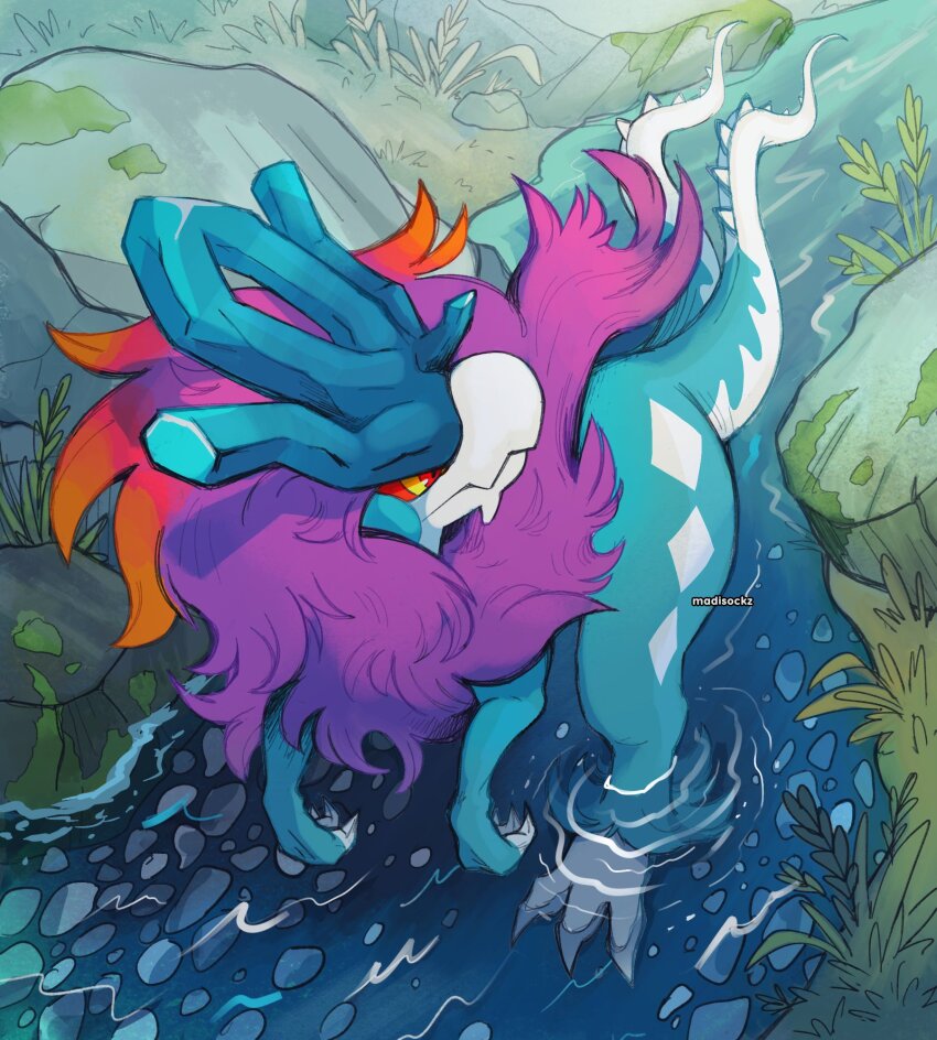 animal_focus artist_name claws commentary english_commentary fang fluffy grass highres leaf madisockz nintendo no_humans outdoors pokemon pokemon_(creature) red_eyes river rock skin_fang solo standing tail walking_wake water watermark