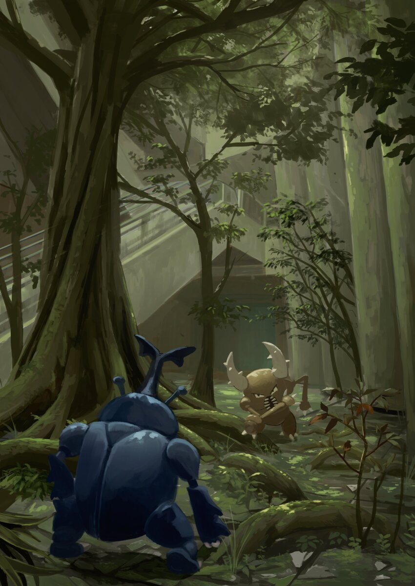 absurdres black_eyes claws commentary_request forest gen_1_pokemon gen_2_pokemon heracross highres horns king_joe_(neoroto) nature nintendo no_humans outdoors pinsir plant_roots pokemon pokemon_(creature) standing tree