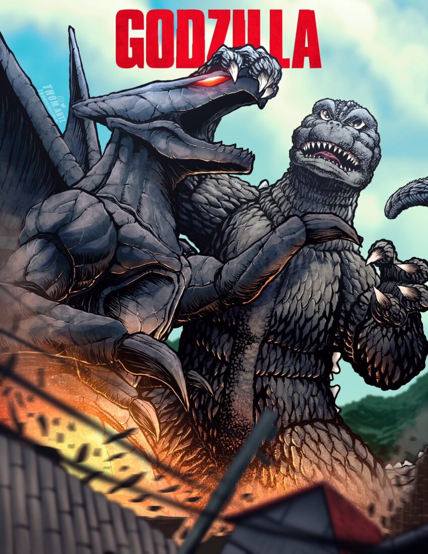 artist_name building character_name claws cloud day destruction dinosaur english_text explosion fire forest giant giant_monster godzilla godzilla_(2014) godzilla_(series) godzilla_vs._megalon_(1973) highres hill house kaiju legendary_pictures monster monsterverse muto_(godzilla) muto_male nature no_humans no_pupils open_mouth power_lines red_eyes roaring sharp_teeth signature tail teeth thomdotartz toho tongue tree wings