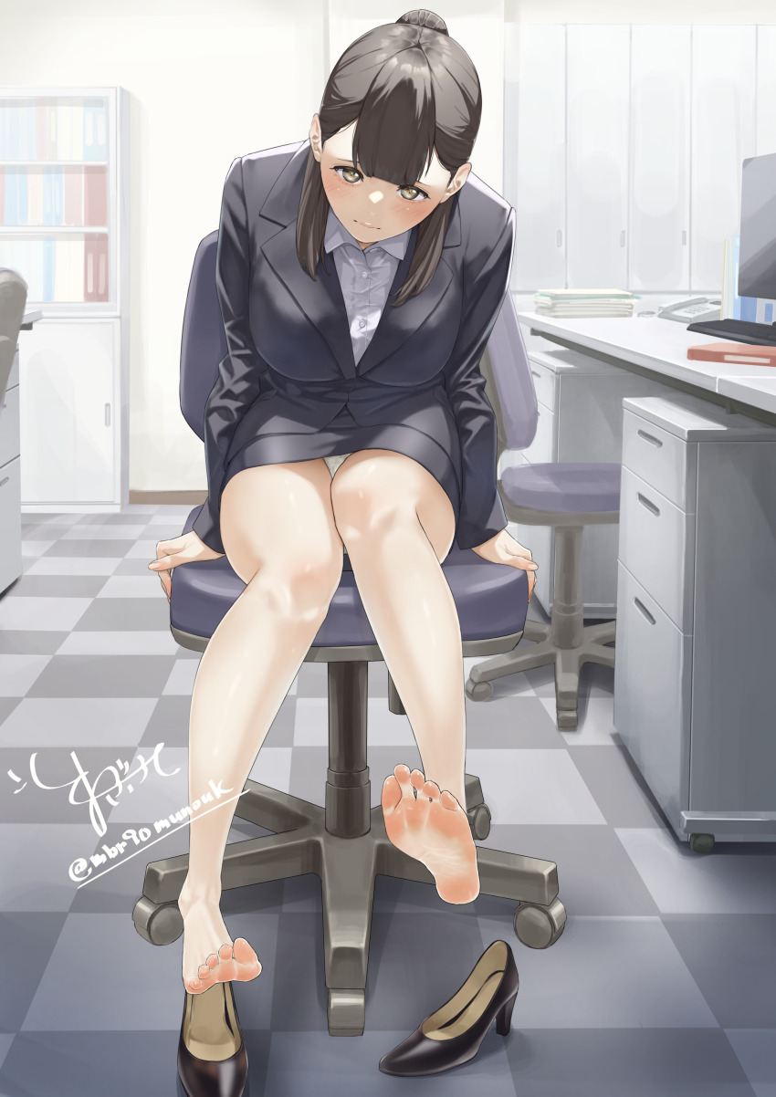1girl absurdres barefoot black_hair blush brown_eyes chair desk feet highres long_hair looking_at_viewer maburoku office office_chair office_lady panties pantyshot shoes sitting soles swivel_chair toes underwear unworn_shoes