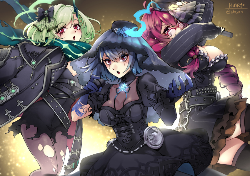 3girls alice_(sinoalice) belt black_legwear blue_hair blush bow breasts choker cleavage dorothy_(sinoalice) dress facepaint glasses goth_fashion green_hair hair_bow hair_ornament hairclip hat highres holding holding_microphone jacket large_breasts little_match_girl_(sinoalice) long_hair looking_at_viewer mibry_(phrysm) microphone multiple_girls music open_mouth petticoat purple_eyes purple_hair red_eyes ribbon scarf short_hair singing sinoalice studded_belt studded_jacket thighhighs top_hat torn_clothes torn_legwear veil zettai_ryouiki