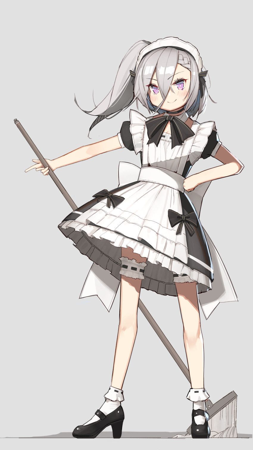 1girl absurdres alternate_costume apron azur_lane black_bow black_dress black_shoes blush bow breasts cleavage commentary_request dress dress_bow enmaided full_body grey_background grey_hair hair_between_eyes high_heels highres holding holding_mop long_hair looking_at_viewer maid maid_apron maid_headdress mary_janes mop purple_eyes shoes short_sleeves simple_background smile socks solo standing white_socks yohia z1_leberecht_maass_(azur_lane)