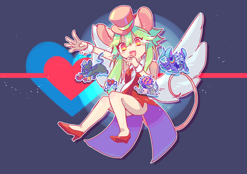1girl 2boys absurdres animal_ears blush_stickers breasts ghost_rat_(mad_rat_dead) green_hair hat heart_(mad_rat_dead) high_heels highres leotard mad_rat mad_rat_dead mob_rat_(mad_rat_dead) mouse_(animal) mouse_ears mouse_girl mouse_tail multiple_boys nippon_ichi rat_god red_eyes sok tail tie_clip top_hat wings wrist_cuffs