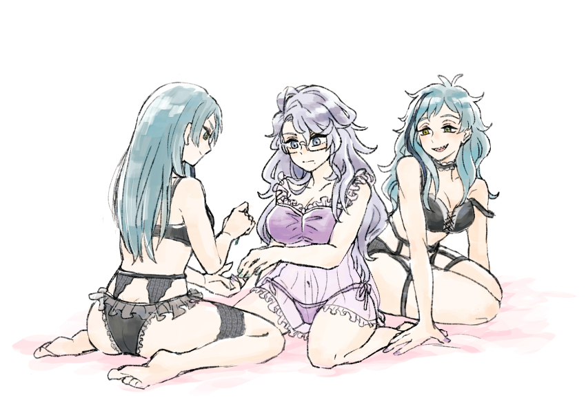 3girls ahoge applying_manicure aqua_hair aqua_nails ass asymmetrical_bangs azul_ashengrotto babydoll barefoot bed_sheet behind_another black_bra black_choker black_panties blue_eyes bra breasts butt_crack choker cleavage collarbone curtained_hair facing_another floyd_leech frilled_babydoll frilled_choker frilled_panties frills from_behind full_body garter_belt genderswap genderswap_(mtf) glasses green_eyes grin groin hair_over_shoulder hand_up hands_on_ground heterochromia highres jade_leech kneeling large_breasts leaning_forward legs_together light_blush light_smile lingerie long_hair looking_at_hands medium_breasts mole mole_under_mouth multicolored_hair multiple_girls nail_polish navel painting_nails panties pepu-shi plump purple_bra purple_hair purple_nails purple_panties raised_eyebrows rectangular_eyewear see-through_babydoll see-through_clothes sharp_teeth side-tie_panties sitting smile spread_legs straight_hair streaked_hair tareme teeth twisted_wonderland underwear wariza wavy_hair white_background yellow_eyes