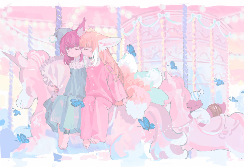 2girls alternate_costume animal_ear_fluff animal_ears anklet arknights barefoot blonde_hair blue_butterfly blue_dress bug butterfly carousel closed_eyes closed_mouth collar commentary dress fox_ears fox_girl fox_tail highres insect jewelry kitsune kyuubi long_dress long_hair morte_(arknights) multiple_girls multiple_tails one_eye_closed pajamas pants pink_pajamas pink_pants pink_shirt purple_eyes purple_hair red_medicine shamare_(arknights) shirt sitting stuffed_wolf suzuran_(arknights) suzuran_(pajamas)_(arknights) tail toes