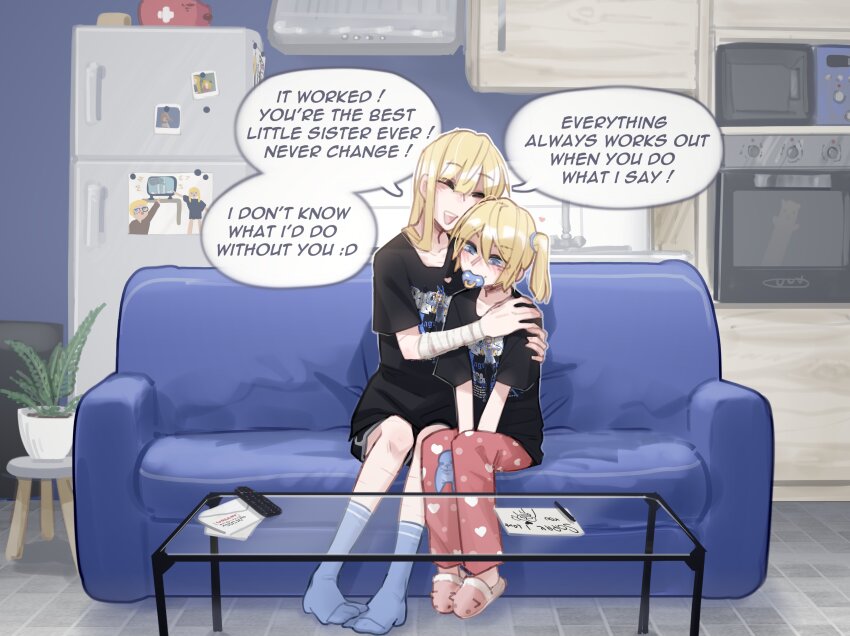 2girls 9/11 absurdres black_shirt blonde_hair blue_eyes cat_baguette_(popopoka) child&#039;s_drawing controller couch english_text erika_(popopoka) highres long_hair medium_hair microwave mimi_(popopoka) multiple_girls original pants paper pink_pants popopoka refrigerator remote_control shirt short_sleeves siblings sisters sitting smile speech_bubble table twintails two_soyjaks_pointing_(meme)
