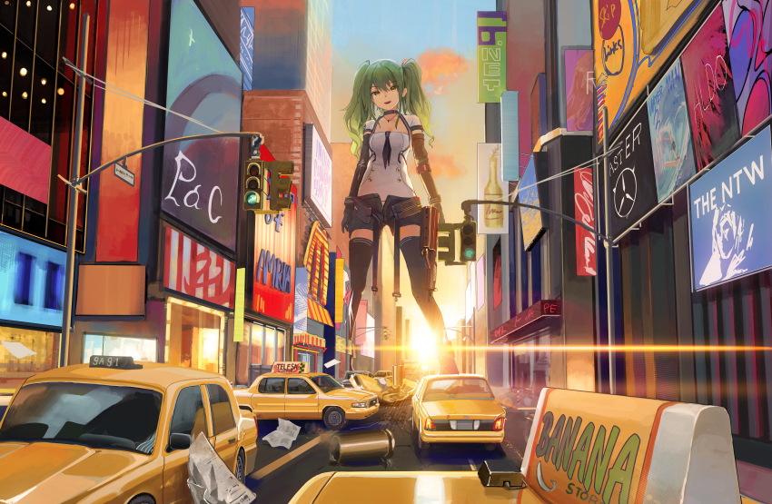 1girl absurdres black_choker black_shorts black_thighhighs building calico_light_weapons_systems calico_m950 calico_m950a car cheek_pistol choker city cloud double-stack_magazine evening ford_crown_victoria ford_crown_victoria_(2nd_generation) giant giantess girls&#039;_frontline gradient_sky green_hair gun handgun helical_magazine high-capacity_magazine highres holding holding_gun holding_weapon huge_filesize jewelry long_hair m950a_(girls&#039;_frontline) machine_pistol messy_hair motor_vehicle necklace nighttsound open_fly open_mouth orange_sky pistol road short_shorts shorts sky smile solo standing street sunset taxi thighhighs traffic_light unzipped weapon yellow_eyes