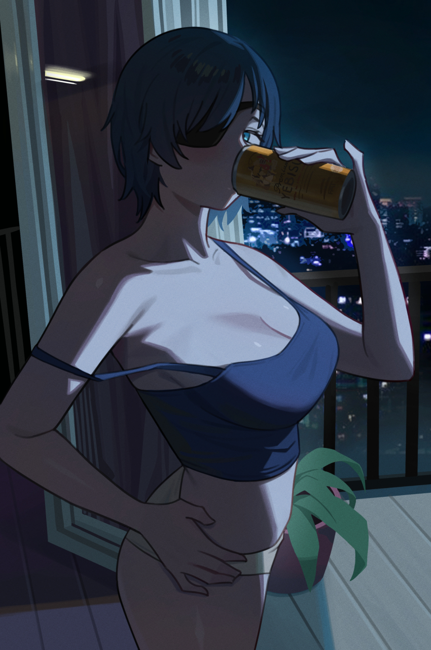 1girl balcony beer_can black_hair black_tank_top blue_eyes breasts can chainsaw_man cleavage crop_top drink_can drinking eyepatch fatzhai from_side hand_on_own_hip highres himeno_(chainsaw_man) holding holding_can large_breasts looking_at_viewer night night_sky panties short_hair sky solo strap_slip tank_top underwear white_panties yebisu
