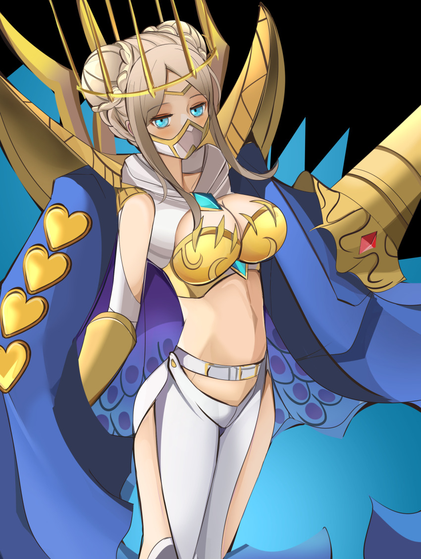 1girl absurdres armor belt black_background blonde_hair blue_coat blue_eyes blue_gemstone boobplate braid braided_bun breastplate breasts cleavage clothing_cutout coat coat_on_shoulders commentary covered_mouth crown digimon digimon_(creature) digimon_story:_time_stranger dlddugks double_bun gauntlets gem gold_armor gold_crown hair_bun half-closed_eyes heart highres hood hood_down hooded_shrug junomon korean_commentary large_breasts looking_at_viewer mask midriff mouth_mask navel ninja_mask pants parted_bangs shrug_(clothing) sidelocks simple_background solo standing thigh_cutout white_belt white_mask white_pants white_shrug