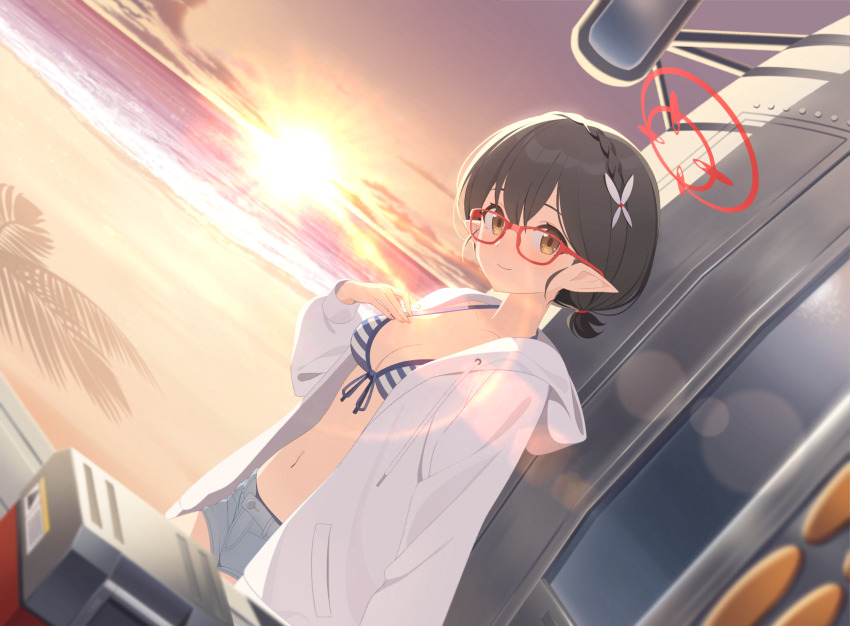 1girl absurdres artist_request ayane_(blue_archive) ayane_(swimsuit)_(blue_archive) bare_arms bare_shoulders beach bikini black_hair blue_archive blue_bikini blue_shorts braid breasts cleavage clothes_pull collarbone cowboy_shot flower front-tie_bikini_top front-tie_top frown game_cg glasses hair_flower hair_ornament halo halterneck highres looking_at_viewer medium_breasts medium_hair navel non-web_source official_alternate_costume official_art open_clothes open_fly open_mouth pointy_ears red-framed_eyewear short_shorts shorts shorts_pull side-tie_bikini_bottom solo stomach string_bikini striped_bikini striped_clothes sunset swimsuit undressing white_flower yellow_eyes