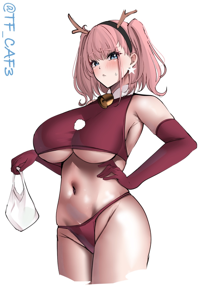1girl absurdres alternate_costume antlers atlanta_(kancolle) bag bell breasts brown_hair cowboy crop_top earrings elbow_gloves gloves grey_eyes highres horns jewelry kantai_collection large_breasts long_hair panties plastic_bag red_gloves red_panties red_skirt reindeer_antlers skirt solo star_(symbol) star_earrings tf_cafe twitter_username two_side_up underwear western