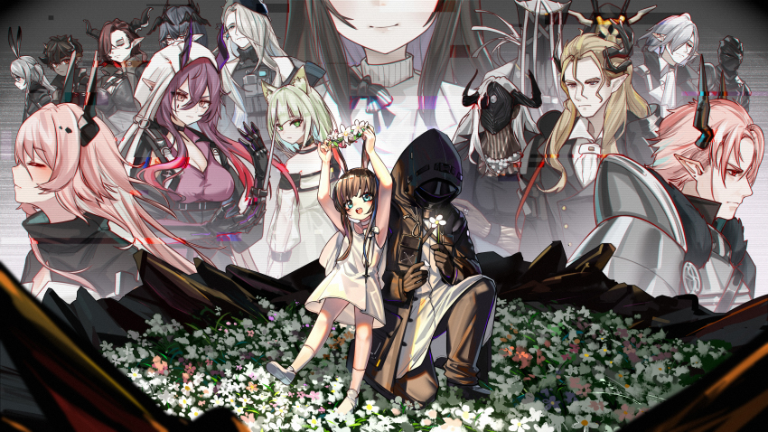 6+boys 6+girls absurdres amiya_(arknights) animal_ears arknights ascalon_(arknights) black_hair black_jacket blonde_hair blue_eyes brown_hair cat_ears closed_eyes confessarius_(arknights) demon_horns doctor_(arknights) dress duq&#039;arael_(arknights) field flower flower_field green_eyes grey_hair hair_over_one_eye head_wreath highres holding holding_flower hood hooded_jacket horns jacket julie_(arknights) kal&#039;tsit_(arknights) kneeling kourou_(kouroukun) logos_(arknights) long_hair manfred_(arknights) mantra_(arknights) mask multiple_boys multiple_girls nezzsalem_(arknights) odda_(arknights) pink_hair pointy_ears priestess_(arknights) purple_eyes purple_hair red_eyes savage_(arknights) short_hair theresa_(arknights) theresis_(arknights) white_dress