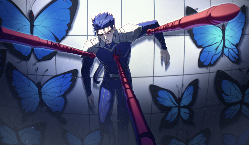 1boy absurdres against_wall armor blood blood_from_mouth blue_bodysuit blue_butterfly blue_hair bodysuit bug butterfly cu_chulainn_(fate) cu_chulainn_(fate/stay_night) earrings fate/stay_night fate_(series) framed_insect gae_bolg_(fate) highres insect insect_collection insect_pin jewelry long_hair looking_at_viewer male_focus pinned red_eyes sattari shoulder_armor stabbed_heart