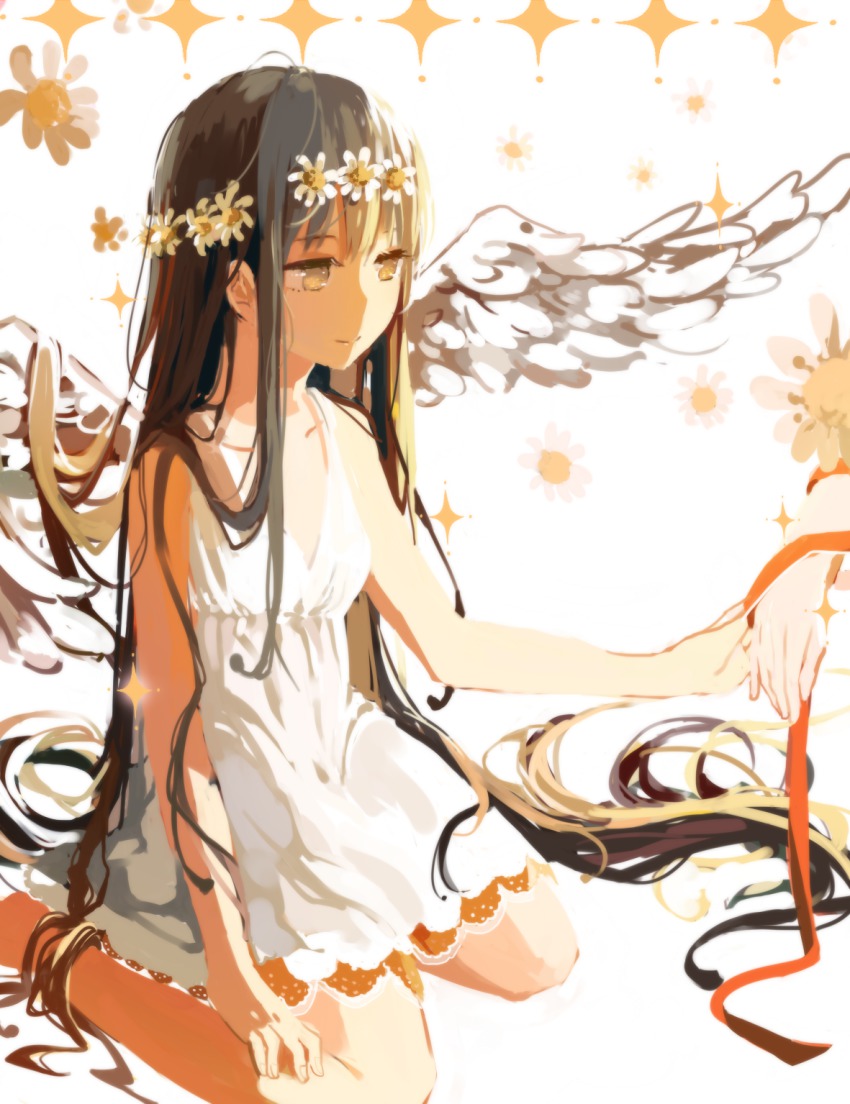 10s 2girls akemi_homura alternate_eye_color bad_id bad_pixiv_id black_hair dress feathered_wings flower hair_flower hair_ornament head_wreath highres holding_hands kaname_madoka long_hair looking_at_another mahou_shoujo_madoka_magica mahou_shoujo_madoka_magica_(anime) mahou_shoujo_madoka_magica_movie_1_&amp;_2 multiple_girls out_of_frame red_ribbon ribbon sitting smile very_long_hair white_dress wings yellow_eyes yuri zgxuke
