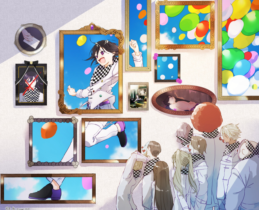 3girls 6+boys absurdres afro arms_behind_back art_gallery black_hair blonde_hair blue_sky brown_hair buttons checkered_clothes checkered_scarf clown_mask clown_nose clown_wig commentary danganronpa_(series) danganronpa_v3:_killing_harmony dice_members_(danganronpa) flipped_hair hair_between_eyes happy highres long_hair long_sleeves mamt56 mask multicolored_buttons multiple_boys multiple_girls oma_kokichi open_mouth picture_frame purple_eyes sad scarf short_hair sky smile solo_focus spoilers straitjacket too_many_balloons two-tone_scarf