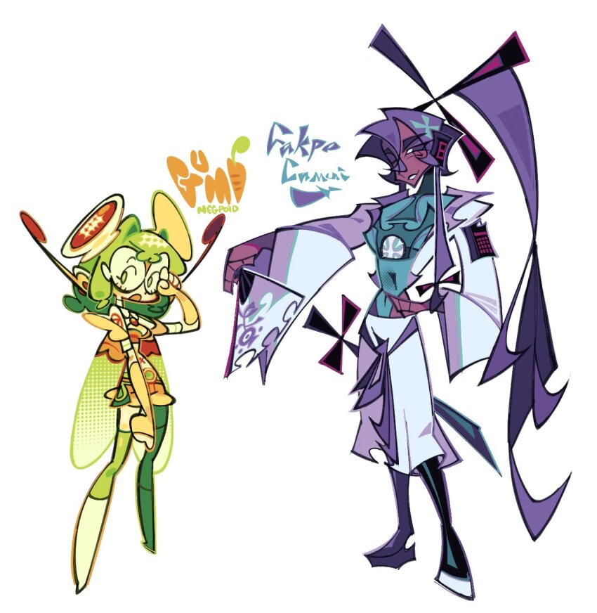 1boy 1girl blue_boots bodysuit bodysuit_under_clothes boots character_name dark-skinned_male dark_skin elbow_gloves fingerless_gloves glasses gloves green_hair green_thighhighs grin gumi hair_between_eyes hakama hakama_pants hand_fan haori headgear headphones height_difference highres holding holding_fan insect_wings japanese_clothes kamui_gakupo katana knee_boots lapels long_hair long_image looking_at_viewer midriff notched_lapels off_shoulder open_mouth orange_shirt orange_shorts pants ponytail purple_eyes purple_hair rope_belt samurai scabbard sheath sheathed shirt short_hair shorts simple_background smile socks standing styxxsyringe sword thighhighs toon_(style) very_long_hair vocaloid weapon white_background white_socks wide_sleeves wings yellow_eyes yellow_gloves
