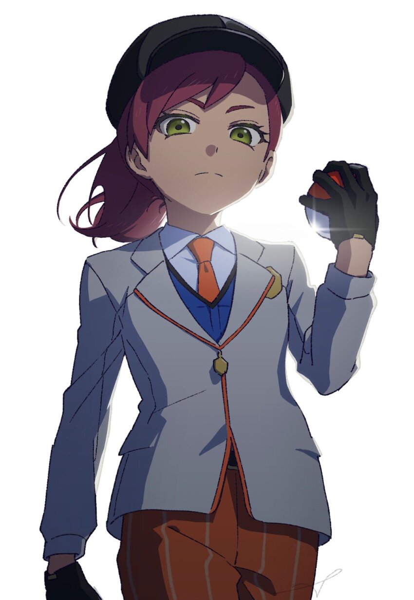 1girl alternate_eye_color alternate_hair_color alternate_hairstyle arm_at_side black_gloves black_hat blue_vest closed_mouth collared_shirt commentary_request creatures_(company) eyelashes frown game_freak gloves green_eyes grey_jacket hand_up hat highres holding holding_poke_ball jacket juliana_(pokemon) long_sleeves looking_at_viewer naranja_academy_school_uniform necktie nintendo orange_necktie orange_pants pants poke_ball poke_ball_(basic) pokemon pokemon_sv ponytail purple_hair sankaku school_uniform shirt simple_background solo split_mouth vest white_background white_shirt