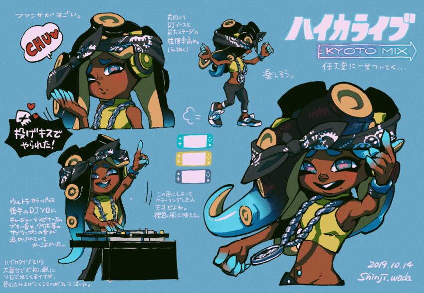 1girl artist_name bandana black_bandana black_hair blowing_kiss blue_eyes blue_hair crop_top dark-skinned_female dark_skin dated dj gradient_hair headphones heart highres jewelry marina_(kyoto_mix)_(splatoon) marina_(splatoon) matsugi_zuntaro midriff mixing_console mole mole_under_mouth multicolored_hair navel necklace nintendo nintendo_switch octoling one_eye_closed open_mouth pointing puff_of_air shirt sleeveless sleeveless_shirt smile splatoon_(series) splatoon_2 translation_request