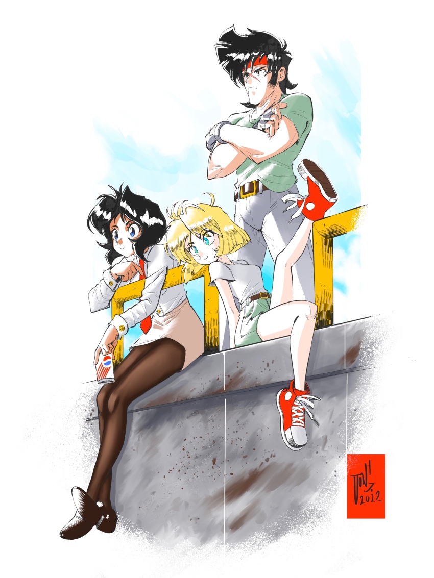 1boy 2girls absurdres ahoge aqua_eyes artist_name bean_bandit belt belt_buckle biceps black_footwear black_hair black_pantyhose blonde_hair blue_eyes blunt_ends bob_cut border breasts brown_belt brown_skirt buckle can closed_mouth collared_shirt commentary concrete cross_scar crossed_arms dress_shirt drink drink_can english_commentary fingerless_gloves flats getinthegustaff gloves gradient_eyes green_eyes green_shirt green_shorts grey_gloves gunsmith_cats hand_on_own_chest head_tilt headband high-waist_shorts high_tops highres holding holding_can holding_drink inverted_bob leaning_back leg_up long_sleeves looking_afar looking_ahead minnie_may_hopkins multicolored_eyes multiple_girls muscular muscular_male necktie on_ground outside_border pants pantyhose parted_bangs pencil_skirt pepsi railing rally_vincent red_footwear red_headband red_necktie scar serious shirt shoes short_hair short_shorts short_sleeves shorts sidelocks signature sitting sitting_sideways skirt small_breasts smile sneakers soda_can standing t-shirt vignetting white_border white_pants white_shirt