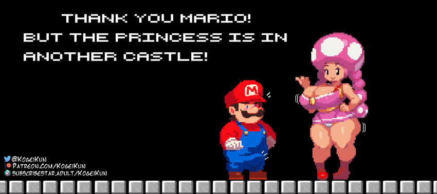 1boy 1girl black_background breasts brown_hair bulge english_text erection erection_under_clothes facial_hair highres huge_breasts kogeikun looking_at_viewer mario mario_(series) nintendo panties penis pink_hair simple_background size_difference super_mario_bros._1 toadette twintails underwear white_panties