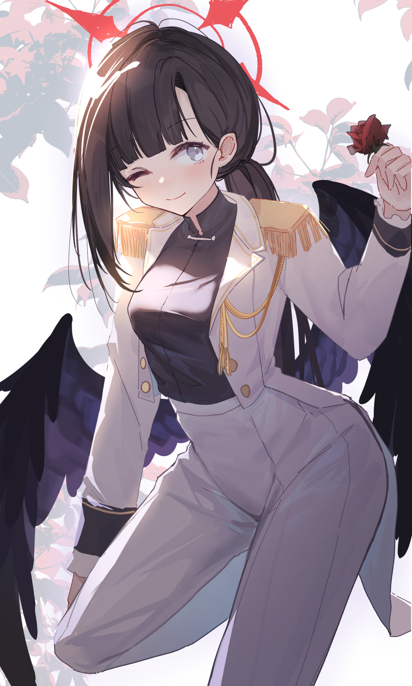 1girl absurdres black_hair black_shirt black_wings blue_archive blue_eyes blunt_bangs feathered_wings flower hair_behind_ear highres holding holding_flower ichika_(blue_archive) ichika_(suit)_(blue_archive) jacket looking_at_viewer low_ponytail official_alternate_costume official_alternate_hairstyle one_eye_closed pants ponytail red_flower red_rose reiami rose shirt single_sidelock solo standing standing_on_one_leg white_jacket white_pants wings