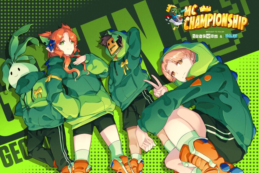 1girl 3boys 5up alternate_costume animification blonde_hair bow brown_hair commentary copyright_name dark-skinned_male dark_skin double_bun english_commentary esports geminitay green_eyes green_geckos_(mc_championship) green_hoodie green_sweater green_theme hair_bun highres hood hood_down hood_up hoodie logo long_hair looking_at_viewer mask mc_championship minecraft_youtube monster_boy multiple_boys orange_hair plant_boy pointy_ears saikomakesart shoes short_hair squatting standing sweater tapl theorionsound v yellow_bow yellow_eyes