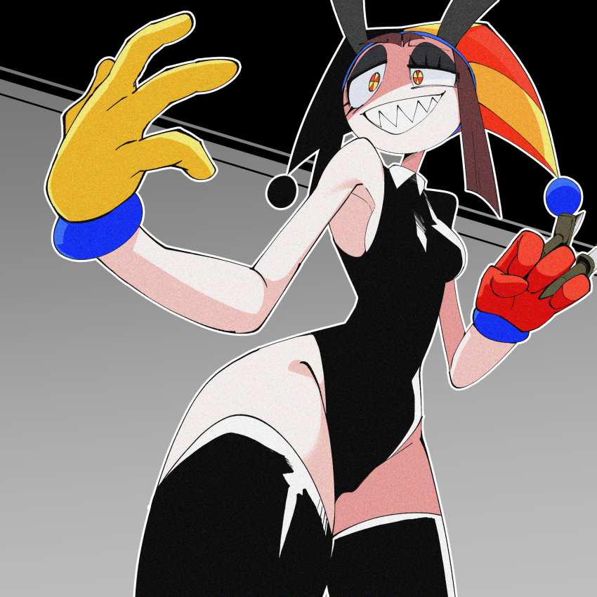 absurdres breasts evil_pomni_(the_amazing_digital_circus) glitch_productions gloves hat highres jester_cap knife leotard playboy_bunny rabbit_ears the_amazing_digital_circus thighhighs