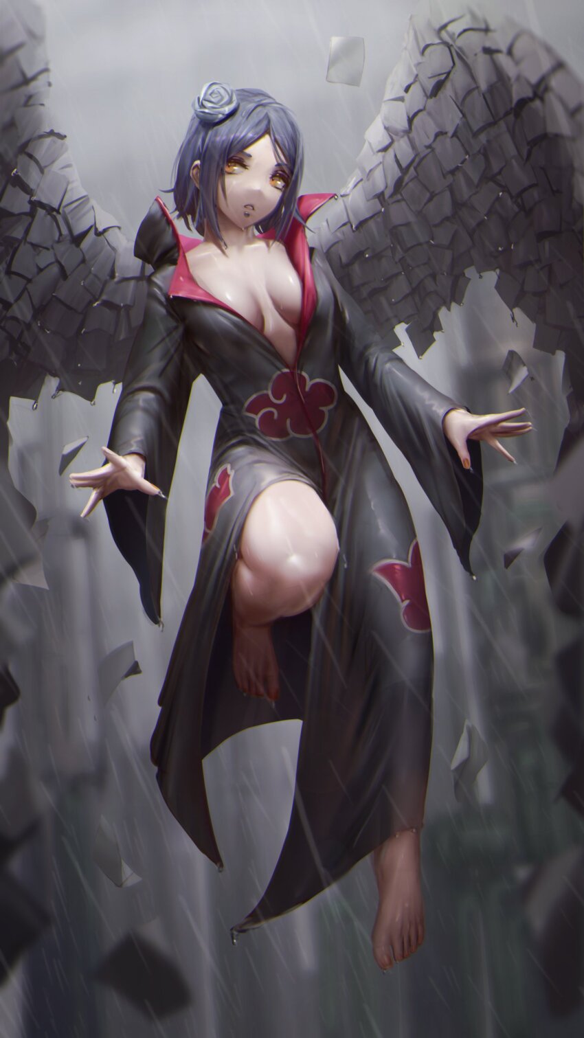 1girl absurdres barefoot black_coat blue_hair blurry blurry_background breasts breasts_apart coat collared_coat commentary english_commentary eyelashes face_piercing flower flying full_body grey_sky hair_flower hair_ornament highres knee_up konan_(naruto) looking_at_viewer medium_breasts mouth_piercing naruto_(classic) naruto_(series) numanoan orange_nails outdoors paper parted_lips piercing print_coat rain short_hair sky solo spread_fingers toenails toes wet wings yellow_eyes