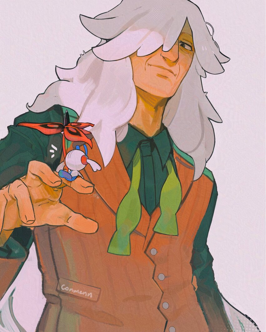 1boy arm_up az_(pokemon) big_nose bow bowtie brown_eyes buttons closed_mouth collared_shirt commentary conmenn_art english_commentary floette floette_(eternal) flower gen_6_pokemon green_shirt highres holding holding_flower holding_pokemon lapels long_hair long_sleeves male_focus nintendo old old_man orange_vest pokemon pokemon_(creature) pokemon_legends:_z-a shirt undone_bowtie upper_body vest white_background white_hair wing_collar