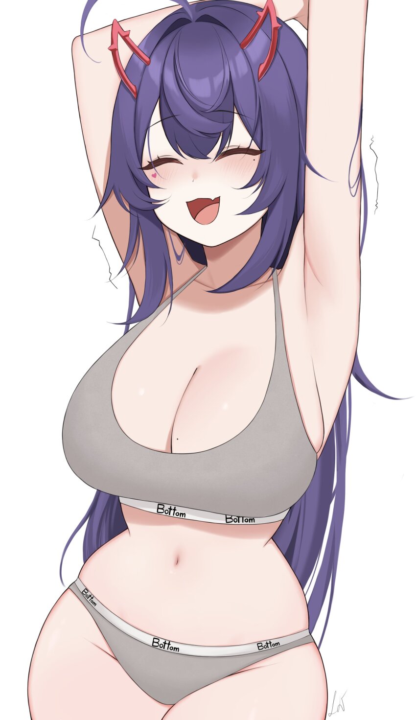 1girl absurdres ahoge akuma_nihmune arm_up armpits breasts cleavage closed_eyes closed_mouth collarbone commentary english_commentary facial_mark heart heart_facial_mark highres horns indie_virtual_youtuber large_breasts leon_decarabia long_hair midriff mole mole_under_eye navel open_mouth purple_hair red_horns solo sports_bra stretching virtual_youtuber