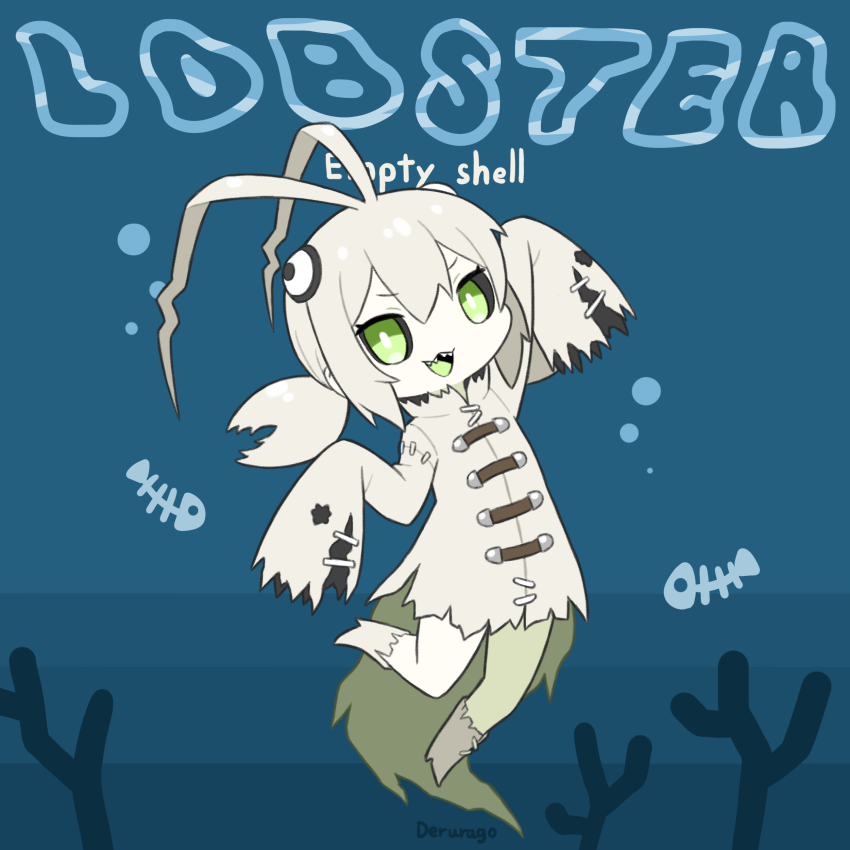 1girl :3 absurdres antenna_hair arm_up artist_name black_sclera blue_background boots bright_pupils chibi chibi_only colored_sclera colored_skin colored_tongue commentary_request derurago dress full_body green_eyes green_tongue hair_between_eyes highres lobster_girl long_sleeves looking_at_viewer low_twintails medium_hair no_nose open_mouth original sharp_teeth sidelocks sleeves_past_fingers sleeves_past_wrists smile solo teeth torn_clothes torn_dress torn_footwear torn_sleeves twintails underwater v-shaped_eyebrows white_boots white_dress white_hair white_pupils white_skin wide_sleeves