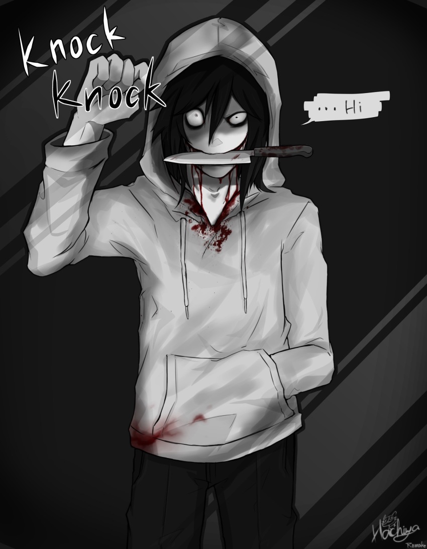 1boy black_hair black_pants blood blood_on_clothes colored_skin creepypasta english_text hachiya hand_in_pocket highres hood hood_up hoodie jeff_the_killer knife knocking long_hair pants signature white_hoodie white_skin