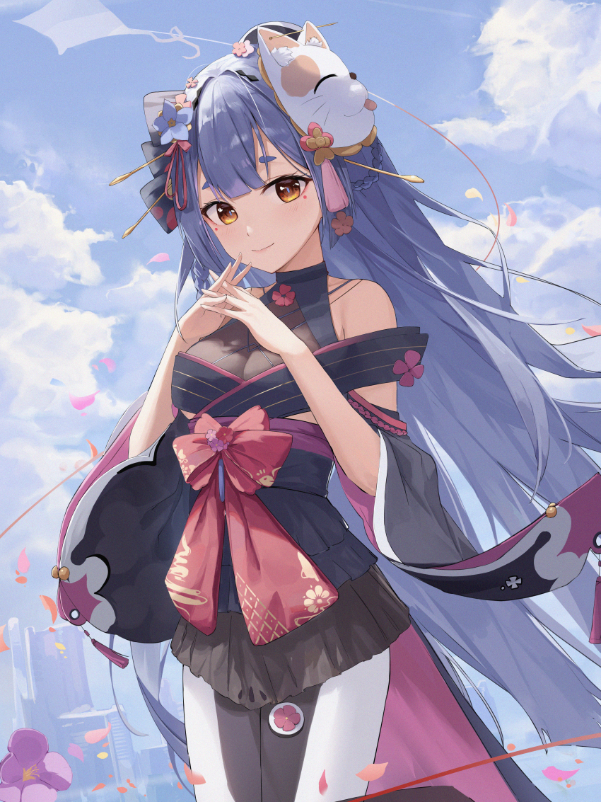 1girl absurdres azusa_(vtuber) virtuareal_link bare_shoulders beten blue_hair blue_sky bow breasts brown_eyes chinese_commentary cleavage closed_mouth cloud commentary cowboy_shot flower fox_mask hair_flower hair_ornament highres long_hair looking_at_viewer mask mask_on_head medium_breasts nijisanji outdoors pantyhose petals sash skirt sky smile solo standing very_long_hair virtual_youtuber virtuareal wide_sleeves yellow_eyes