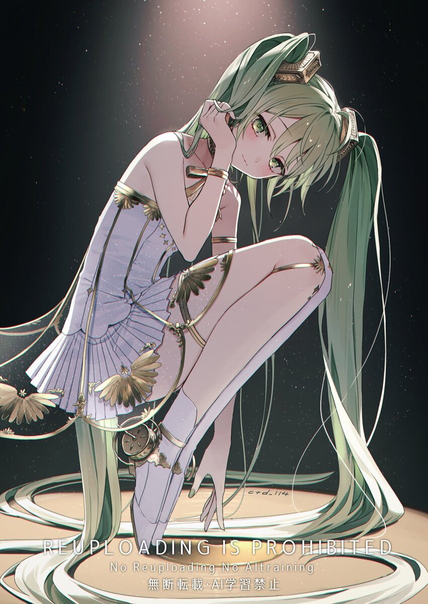 1girl artist_name ballet_slippers bare_shoulders blush closed_mouth commentary_request ctd_114 dress full_body gramophone_miku green_eyes green_hair hand_up hatsune_miku highres long_hair looking_at_viewer miku_symphony_(vocaloid) shoes socks solo squatting strapless strapless_dress tiptoes twintails very_long_hair vocaloid watermark white_dress white_shoes white_socks