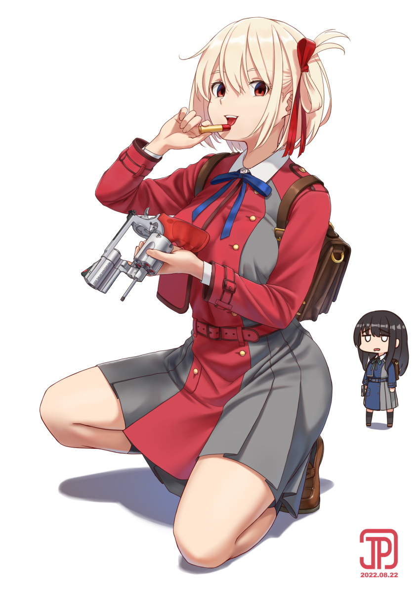 2girls belt black_hair black_socks blonde_hair blue_dress blue_ribbon bob_cut brown_footwear chibi chibi_inset collared_shirt commentary_request cosmetics dated dress empty_eyes full_body green_ribbon grey_dress gun hair_ribbon handgun highres holding holding_gun holding_lipstick_tube holding_weapon inoue_takina jpc lipstick_tube loafers long_hair looking_at_viewer lycoris_recoil lycoris_uniform multiple_girls neck_ribbon nishikigi_chisato open_mouth pleated_dress red_belt red_dress red_eyes red_ribbon revolver ribbon school_uniform shirt shoes short_hair simple_background socks solo_focus squatting teeth tongue tongue_out two-tone_dress upper_teeth_only weapon white_background white_shirt