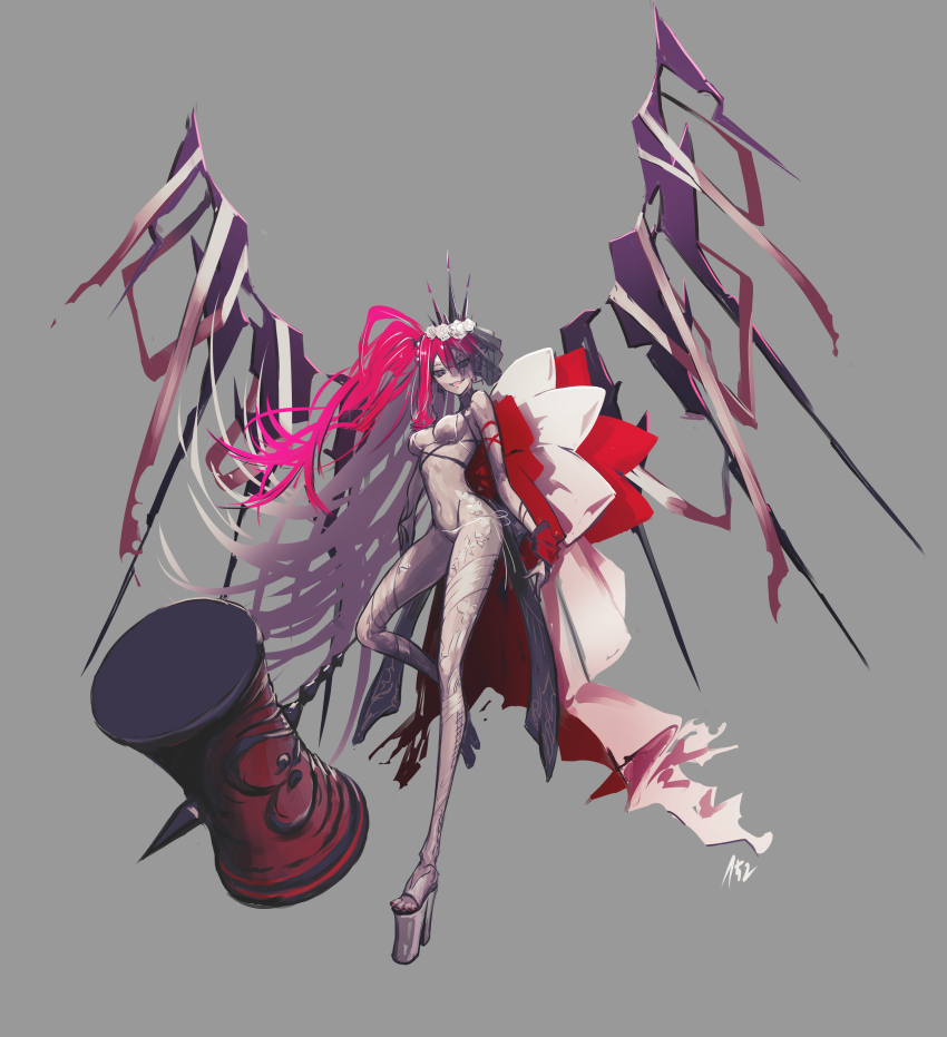 152_in_can 1girl absurdres baobhan_sith_(fate) baobhan_sith_(swimsuit_pretender)_(third_ascension)_(fate) bikini breasts bridal_gauntlets detached_collar earrings fate/grand_order fate_(series) flower full_body grey_background grey_eyes hair_flower hair_ornament hammer highres holding holding_hammer jewelry long_hair looking_at_viewer nail_polish navel open_mouth pink_hair platform_footwear platform_heels pointy_ears red_nails side_ponytail smile solo standing standing_on_one_leg swimsuit tiara toenail_polish toenails veil white_bikini