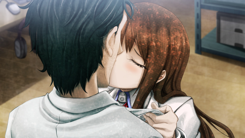 1boy 1girl angry black_hair blush brown_hair closed_eyes coat collar_tug collared_shirt computer_mouse eyelashes facing_another facing_up fingernails from_behind game_cg hair_between_eyes hair_over_shoulder headphones headphones_hanger hetero highres huke indoors kiss lab_coat leaning_on_person long_hair long_sleeves looking_down makise_kurisu messy_hair nape necktie no_beard non-web_source official_art okabe_rintarou open_mouth red_necktie shirt short_hair sideburns steins;gate teardrop tearing_up tears teeth tiptoe_kiss tiptoes tongue upper_teeth_only very_short_hair white_coat wooden_floor worried