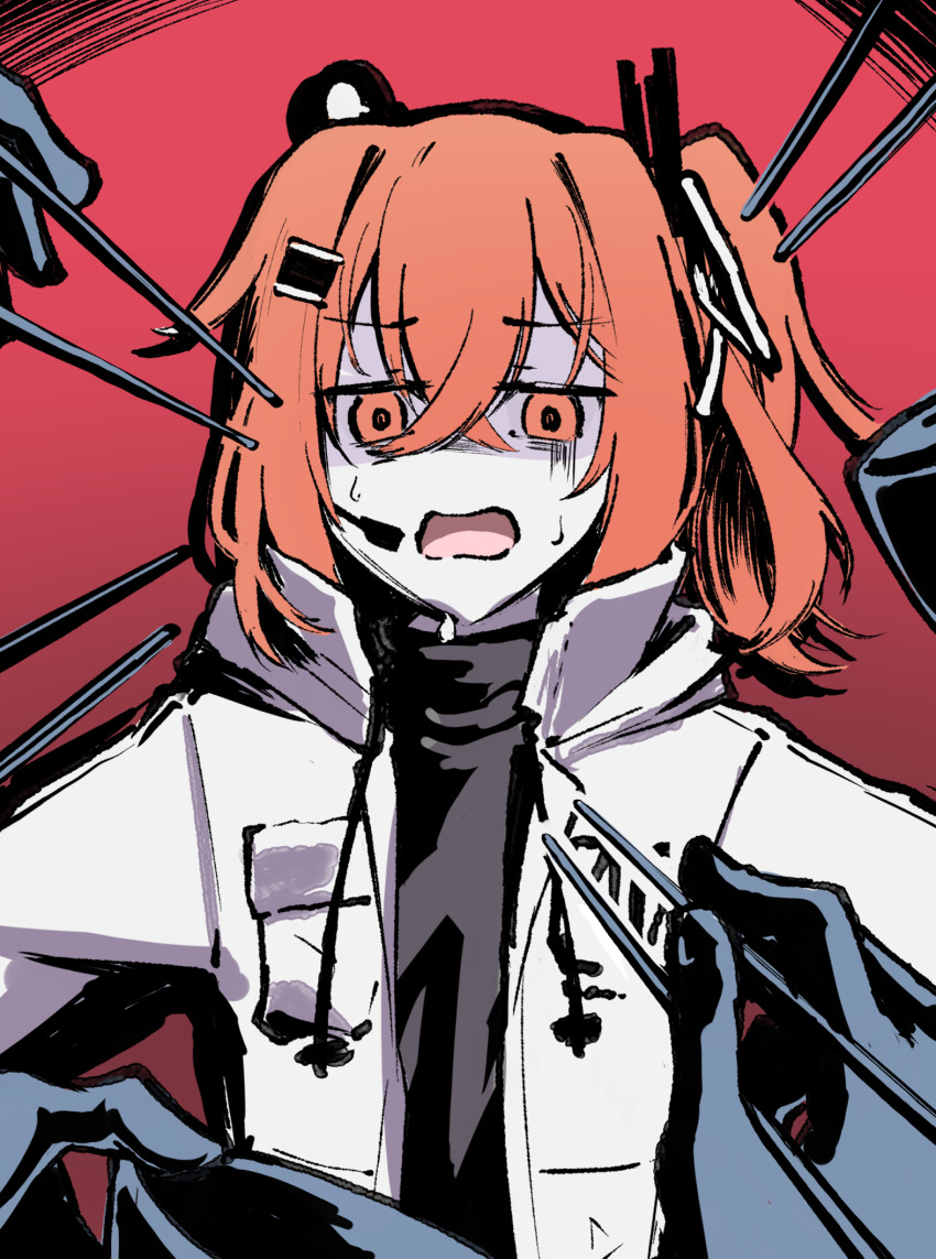 1girl a.i._voice adachi_rei bags_under_eyes black_shirt bowl chopsticks commentary_request crossed_bangs frown furrowed_brow gloom_(expression) gradient_background hair_ribbon half-closed_eyes headlamp headset highres holding holding_bowl holding_chopsticks hood hood_down hooded_jacket jacket long_sleeves looking_at_viewer medium_hair nervous_sweating one_side_up open_mouth orange_eyes out_of_frame radio_antenna red_background ribbon scared shaded_face shirt simple_background solo_focus straight-on surrounded sweat teckinder turtleneck upper_body utau vignetting white_jacket white_ribbon
