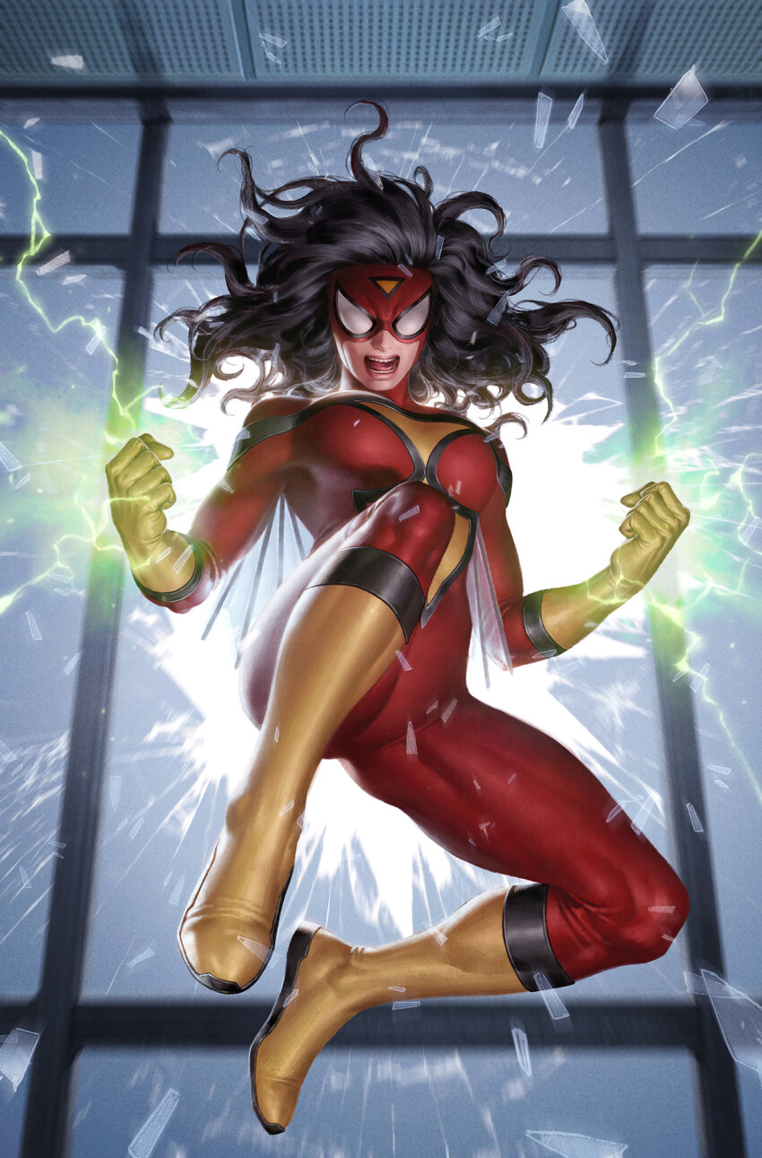1girl black_hair bodysuit boots broken_glass clenched_hands glass gloves highres jessica_drew long_hair looking_at_viewer magic marvel open_mouth red_bodysuit red_mask solo spider-man_(series) spider-woman teeth yellow_boots yellow_gloves yoon_junggeun
