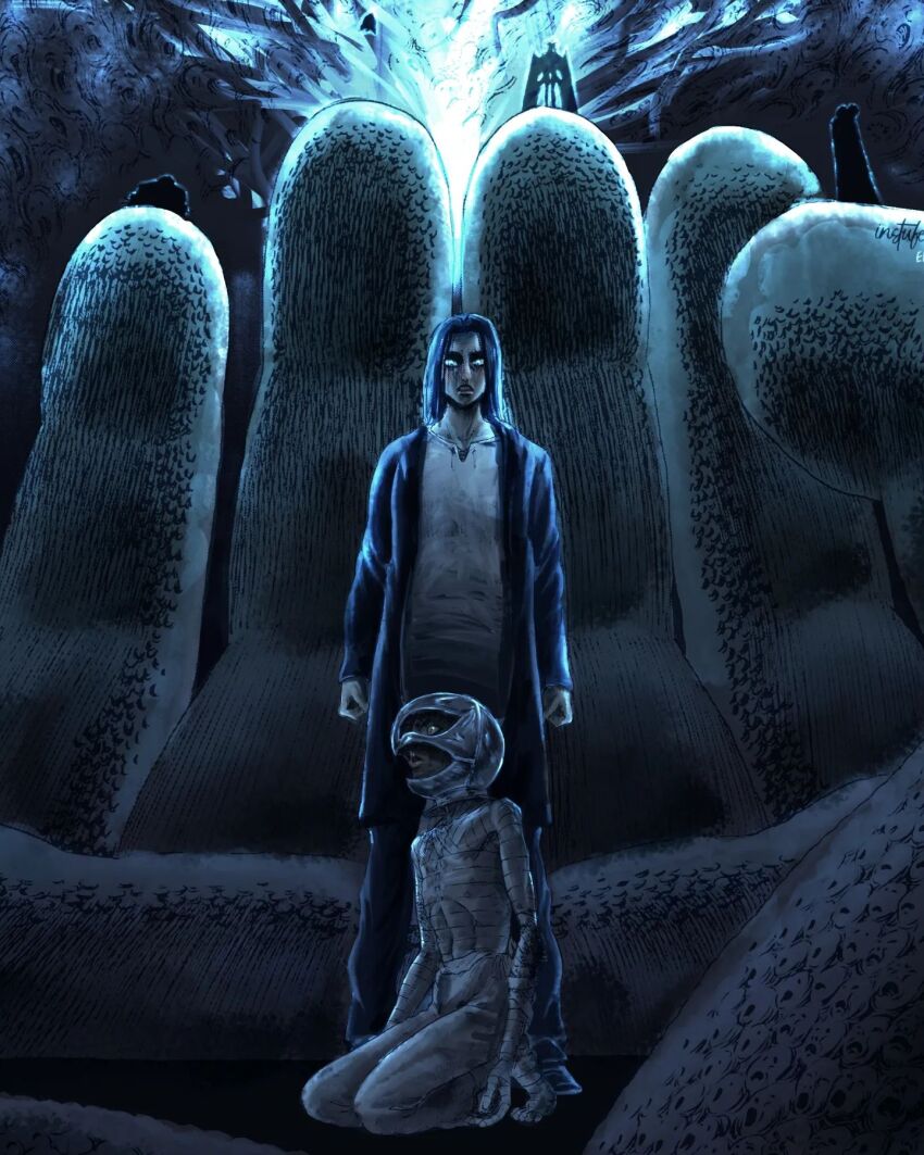 1girl 5boys ankle_wrap arm_wrap artist_name bandages berserk black_hair black_jacket blue_eyes blue_theme clenched_hands clenched_teeth colorized commentary conrad_(berserk) cropped crossover demon_wings divine_being eclipse eliasdessin english_commentary eren_yeager floating foot_wraps griffith_(berserk) hand_wraps helmet highres instufer jacket leg_wrap long_hair long_sleeves multiple_boys open_mouth ribs shingeki_no_kyojin shirt silhouette skinny slan_(berserk) slim_legs standing teeth ubik_(berserk) void_(berserk) white_shirt wings wrist_wrap