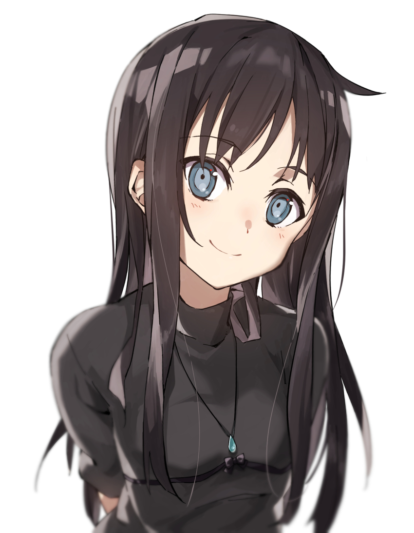 1girl arms_behind_back black_hair black_ribbon black_shirt blue_eyes blush closed_mouth head_tilt highres jewelry kara_no_kyoukai long_hair looking_at_viewer pendant rei_no_himo reien_girl&#039;s_academy_school_uniform ribbon ryougi_mana school_uniform shigure_(shigure_43) shirt short_sleeves simple_background smile solo straight_hair upper_body white_background
