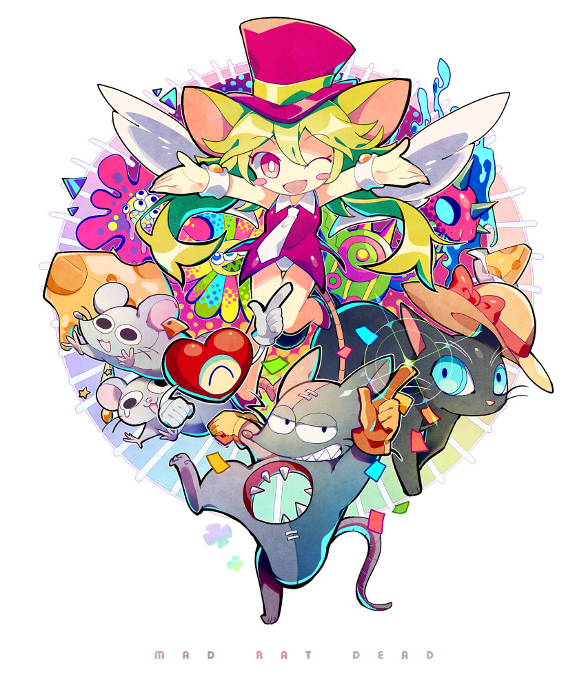 1girl 2boys animal_ears blue_eyes blush_stickers breasts cat cheese chibi ear_tag food gloves green_hair hat heart_(mad_rat_dead) highres hole_on_body leotard mad_rat mad_rat_dead mob_rat_(mad_rat_dead) mouse_(animal) mouse_ears mouse_girl mouse_tail multiple_boys nightmares_(mad_rat_dead) nippon_ichi rat_god red_eyes ribs stitches sun_hat tail the_cat_(mad_rat_dead) tie_clip top_hat whiskers wings wrist_cuffs