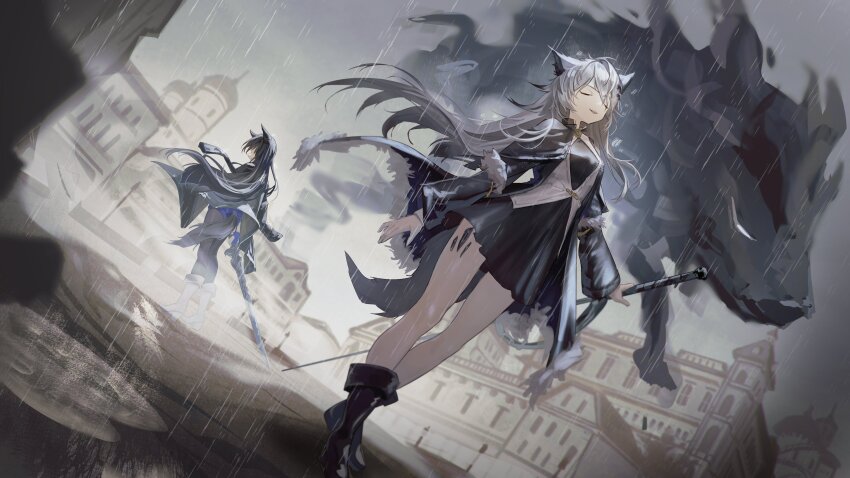 2girls absurdres animal_ears ankle_boots arknights bare_legs black_coat black_footwear black_hair black_pantyhose black_shirt black_skirt blue_shorts boots building closed_eyes coat coat_on_shoulders commentary facing_away grey_hair hair_ornament highres holding holding_sword holding_weapon lappland_(arknights) lappland_(refined_horrormare)_(arknights) long_hair material_growth messy_hair multiple_girls natsuba002 oripathy_lesion_(arknights) outdoors pantyhose parted_lips pleated_skirt puddle rain road shirt shorts skirt sword tail texas_(arknights) texas_the_omertosa_(arknights) thigh_boots vest weapon white_footwear white_vest wolf wolf_ears wolf_girl wolf_tail