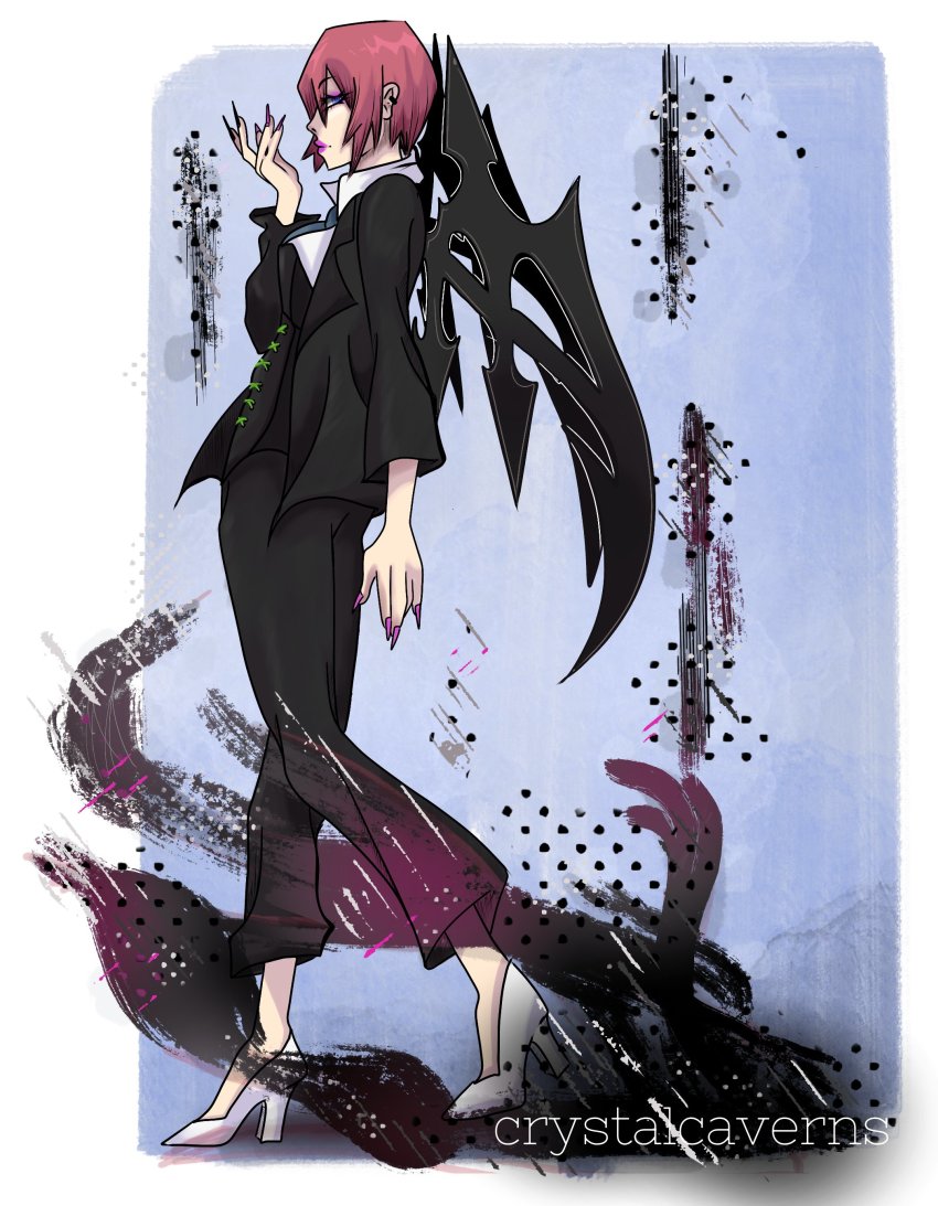 1girl absurdres black_suit black_wings blue_eyes blue_necktie collared_shirt corset eyelashes eyeliner female_focus fingernails from_side full_body high_heels highres lipstick makeup nail_polish necktie pink_hair pink_lips pink_nails sharp_fingernails shin_subarashiki_kono_sekai shirt solo spiked_wings subarashiki_kono_sekai suit white_footwear white_shirt wings yashiro_uzuki
