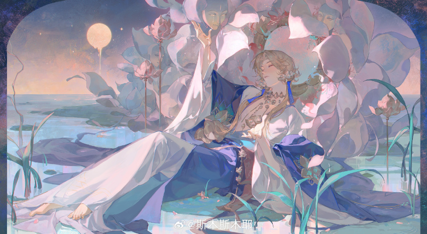 artist_name barefoot blonde_hair chinese_text closed_eyes facial_mark forehead_mark full_moon highres long_hair long_sleeves low_neckline moon on_water open_hands outdoors sitting_on_water star_(sky) tears water water_drop weibo_6705424934 white_lotus
