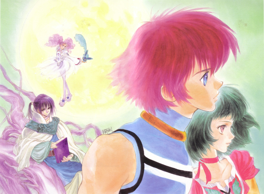 2boys 2girls absurdres armor blue_eyes book bridge choker creature dark-skinned_female dark_skin dress expressionless farah_oersted green_hair highres holding holding_book inomata_mutsumi keele_zeibel light_smile long_hair long_sleeves meredy_(tales) multiple_boys multiple_girls official_art pantyhose pink_eyes pink_hair pink_ribbon ponytail profile purple_eyes quickie_(tales) reid_hershel ribbon ribbon_choker robe short_hair signature smile tales_of_(series) tales_of_eternia twintails