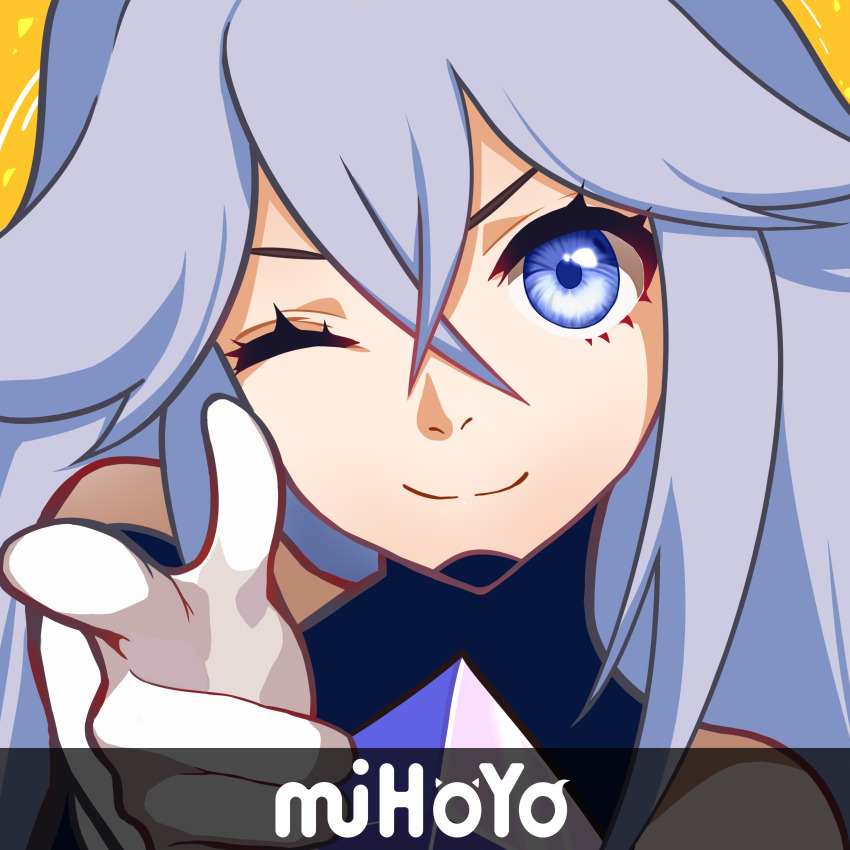 1girl absurdres bang_(gesture) bare_shoulders bella_(honkai_impact) benares_(honkai_impact) blue_eyes blue_hair close-up closed_mouth company_name elbow_gloves finger_gun gloves hair_between_eyes highres honkai_(series) honkai_impact_3rd one_eye_closed parody pointing pointing_at_viewer portrait simple_background smile solo takaminaminami white_gloves yellow_background